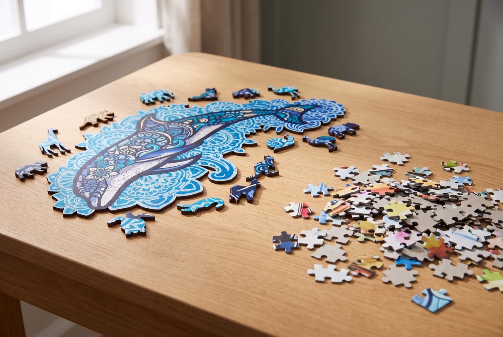 Comparatif puzzle en bois et puzzle en carton : pièces de bois découpées au laser à gauche, pièces de carton classiques à droite sur une table en chêne
