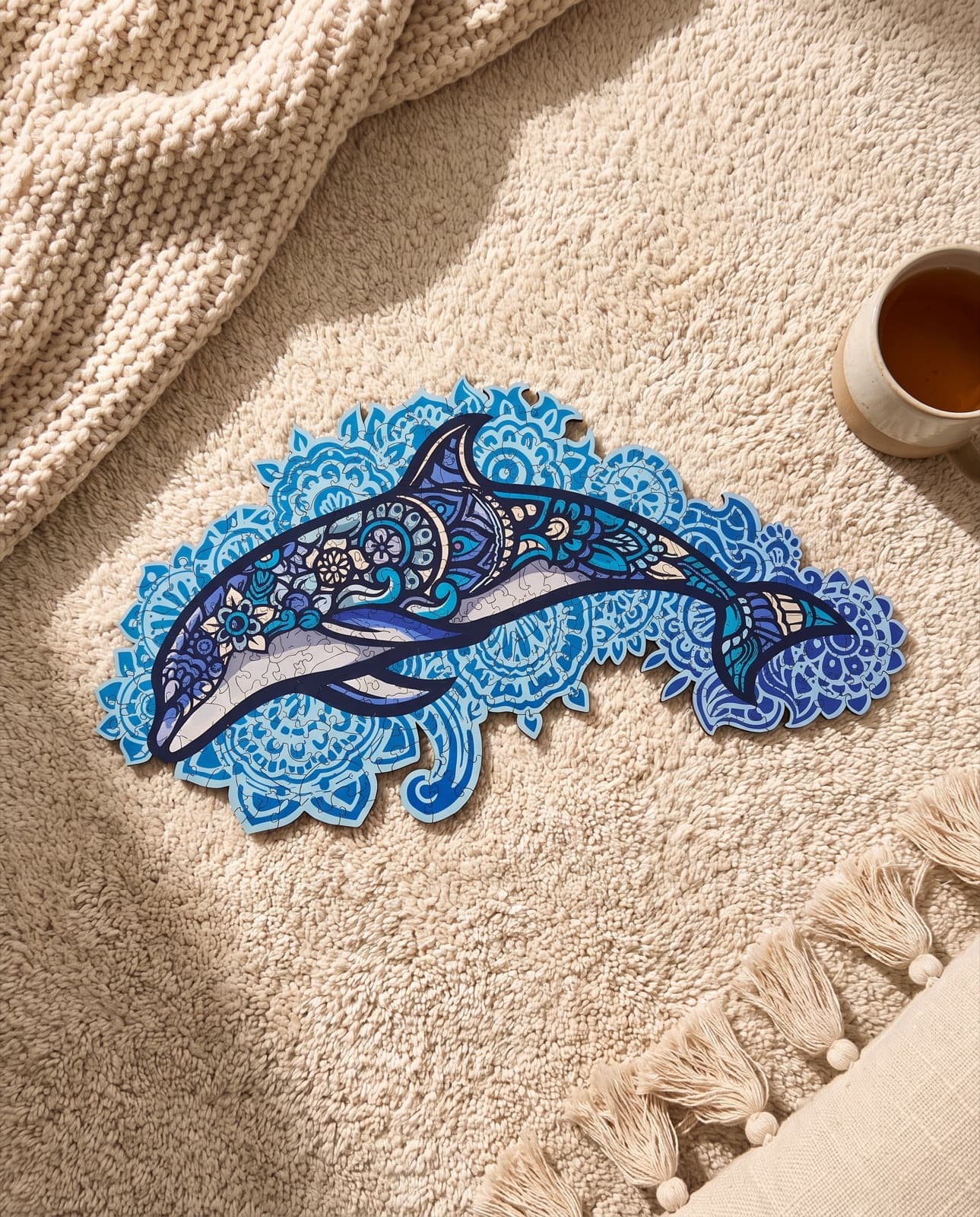 Puzzle Dauphin Majestueux posé à plat sur un tapis, avec un plaid et un thé