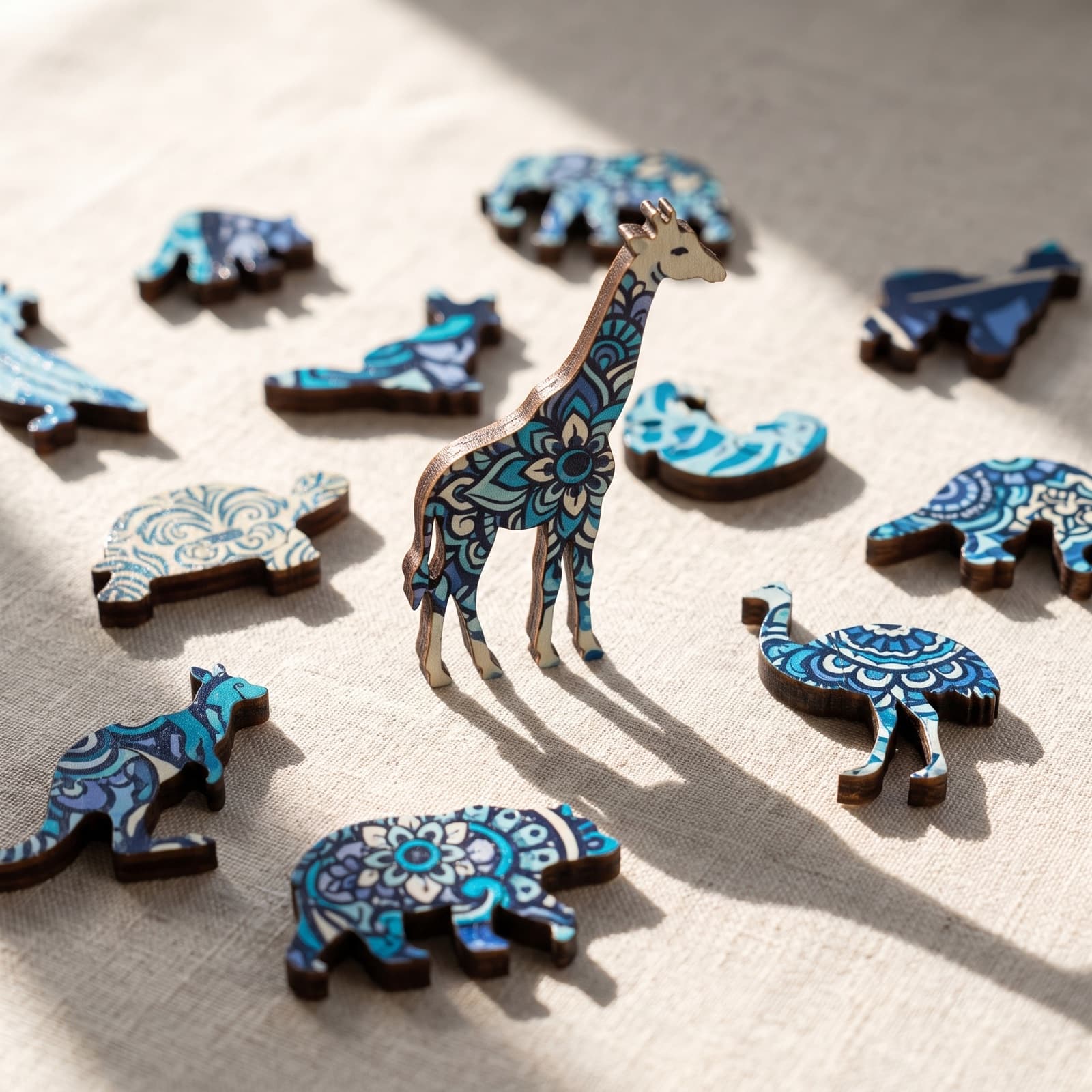 Pièces du puzzle en forme d'animaux posées sur du lin : girafe, tortue, éléphant, kangourou