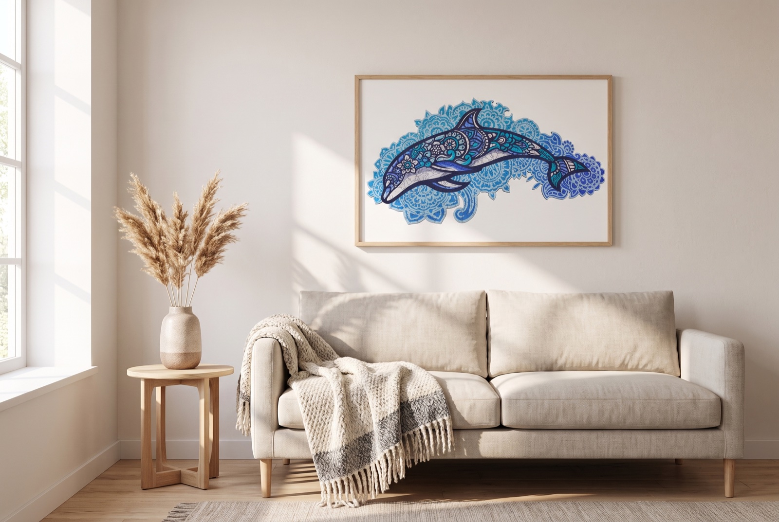 Puzzle en bois Dauphin Majestueux aux mandalas bleus encadré dans un cadre en chêne clair, accroché au-dessus d'un canapé en lin dans un salon lumineux de style scandinave