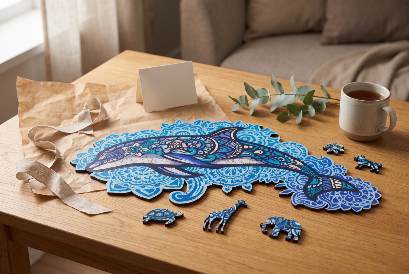 Puzzle en bois Dauphin Majestueux entouré d'accessoires cadeau