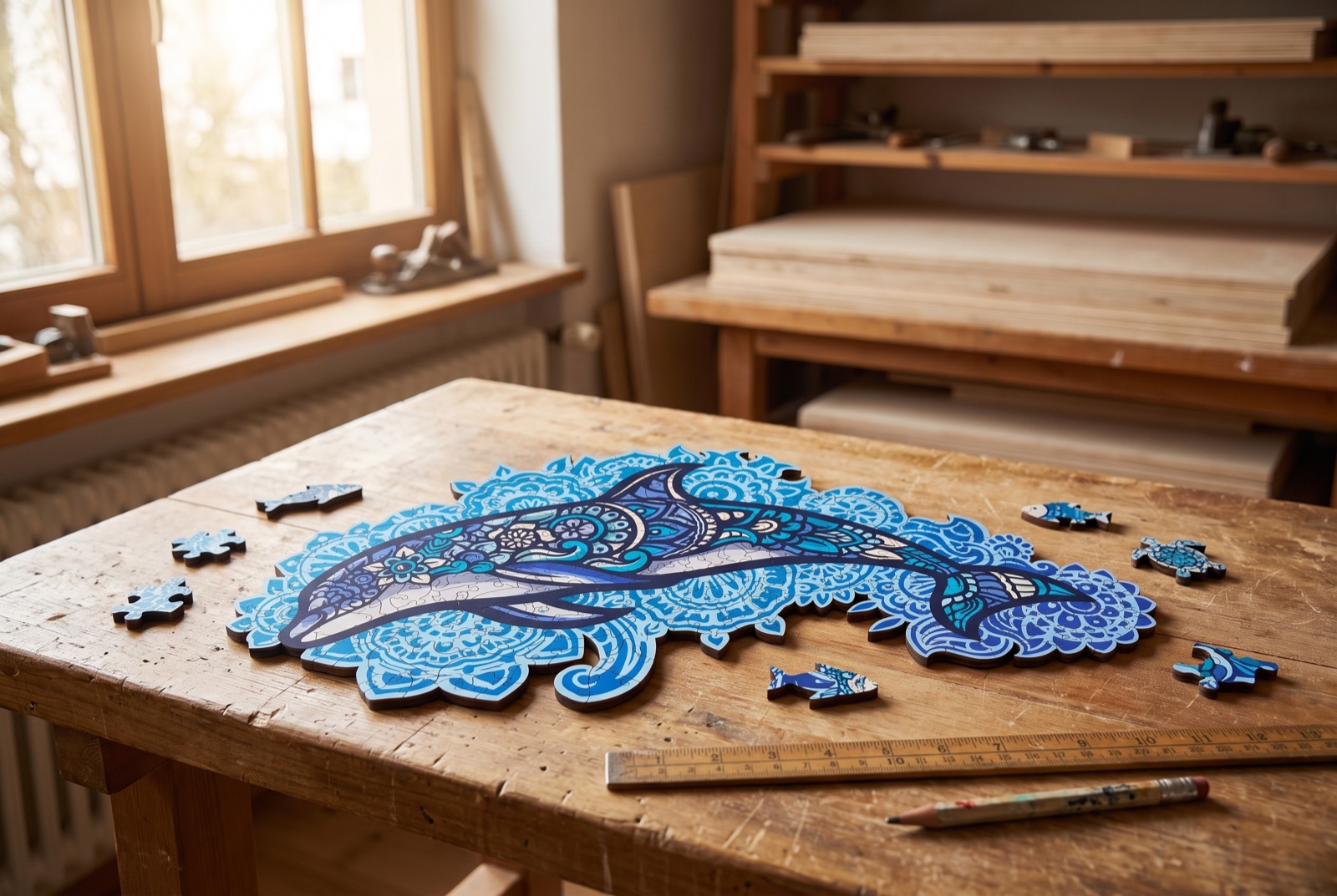 Puzzle en bois Dauphin Majestueux aux mandalas bleus posé sur un établi en bois dans un atelier lumineux, avec des pièces en forme d'animaux, une règle et un crayon
