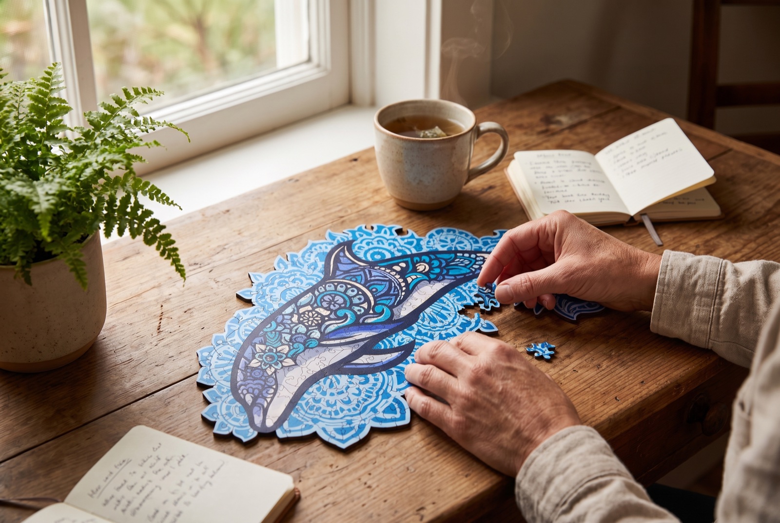 Mains d'un adulte plaçant une pièce dans un puzzle en bois Dauphin Majestueux sur une table près d'une fenêtre, avec une tasse de thé, un carnet et une plante verte
