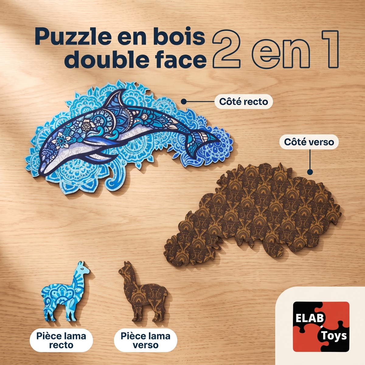 Puzzle en bois double face 2 en 1 : côté recto dauphin bleu et côté verso damassé, avec la pièce lama recto et verso