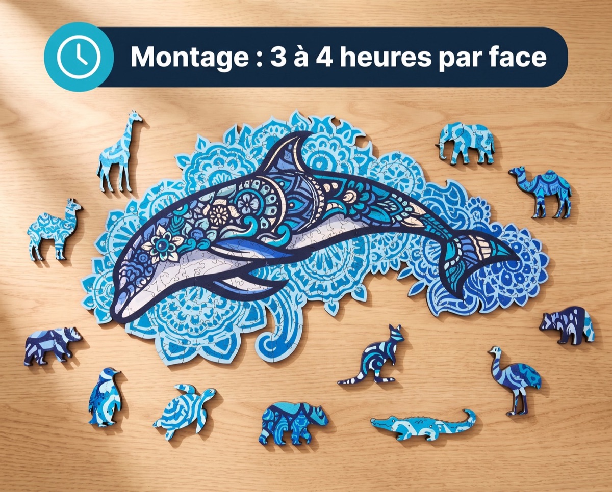 Montage de 3 à 4 heures par face : puzzle Dauphin Majestueux entouré de ses pièces en forme d'animaux sur une table en chêne